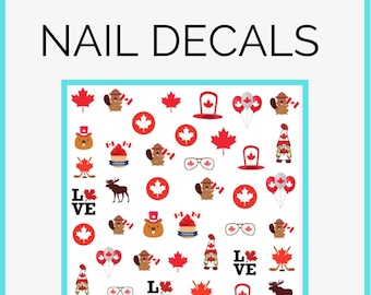 Canada Day themed nail Waterslide Decals Nail Stickers | Canadian flag Decals | red and white Decals | hockey sticks decal| Gonk decal | DIY