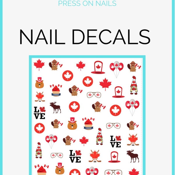 Canada Day themed nail Waterslide Decals Nail Stickers | Canadian flag Decals | red and white Decals | hockey sticks decal| Gonk decal | DIY