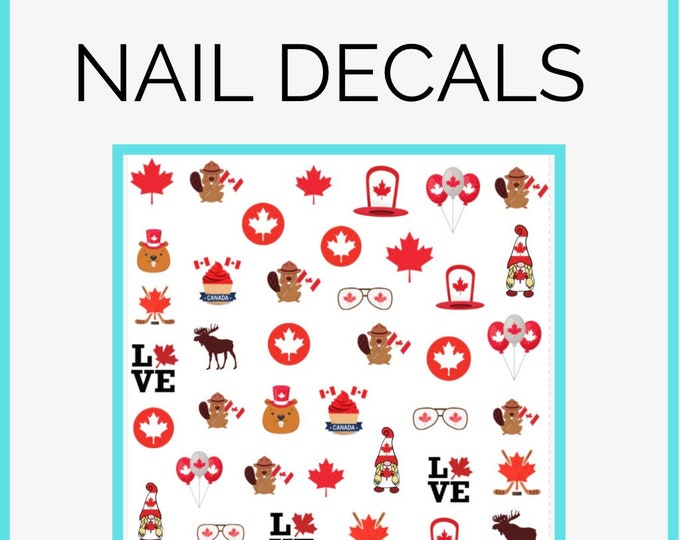 Canada Day themed nail Waterslide Decals Nail Stickers | Canadian flag Decals | red and white Decals | hockey sticks decal| Gonk decal | DIY