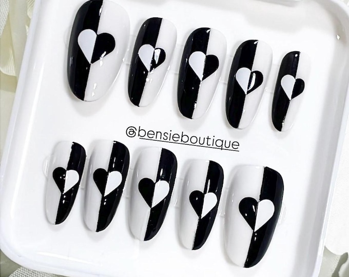Half my Heart | Split Hearts | Half Black and White Heart Press on Nails | Monochrome Nails | Gothic Nails | Edgy Nails | Trippy Nails