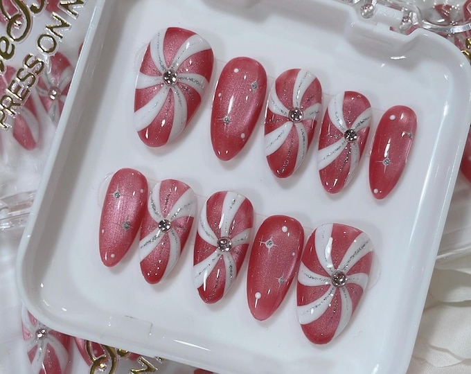 Pink Peppermint Swirl Press on Nails | Cat Eye Nails | Hand painted | Almond Nails | Ready to Ship (RTS)
