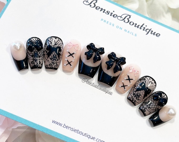 Dark Coquette x Balletcore Press on Nails | French Tip nails | Bow Tie Nails | Lace nails | emo extra short to 3XL press on nails Canada USA