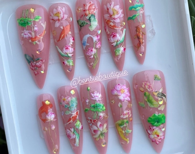 Koi Pond Press on nails - Pink + Glitter Koi and Lotus Flower press on nails | Mini bling | Almond | Stiletto