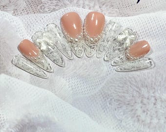 Laced in Pearls | Hand made Glass-like Nails | French Tip | Romantic Nails | Jelly Nails | Bridal Nails | Wedding Nails | extra short to 3XL