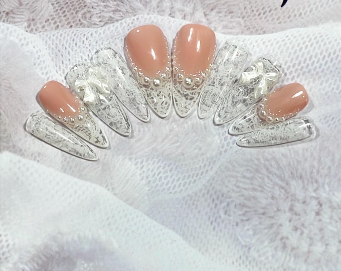 Laced in Pearls | Hand made Glass-like Nails | French Tip | Romantic Nails | Jelly Nails | Bridal Nails | Wedding Nails | extra short to 3XL