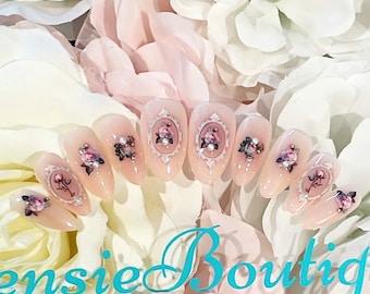 Light Pink Blush aura press on nails with flowers and frames | cute spring nails | summer nails | short and long press on nails