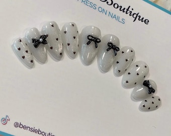 Cat Eye Press On Nails: Silvery White, Black Hearts & 3D Bow