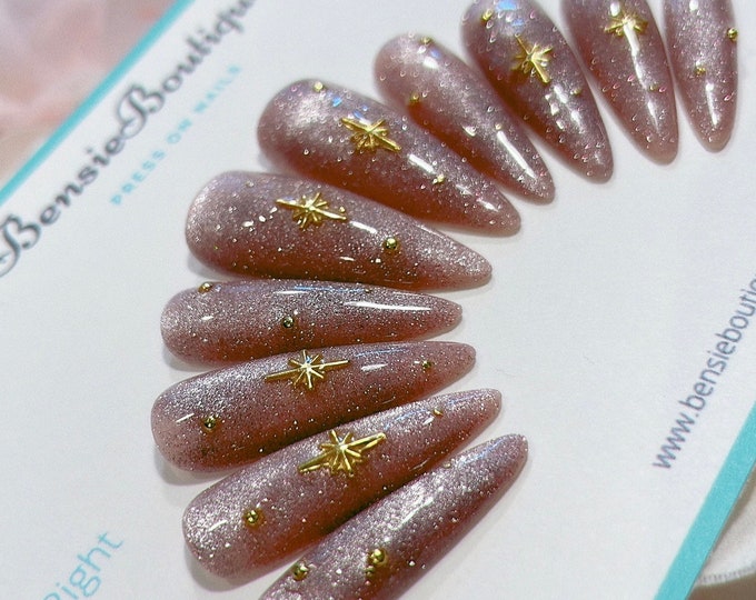 Celestial Cat Eye and Reflective Glitter Press on nails | sparkly nails | dainty 3D nails | magnet nails | short nails | long nails