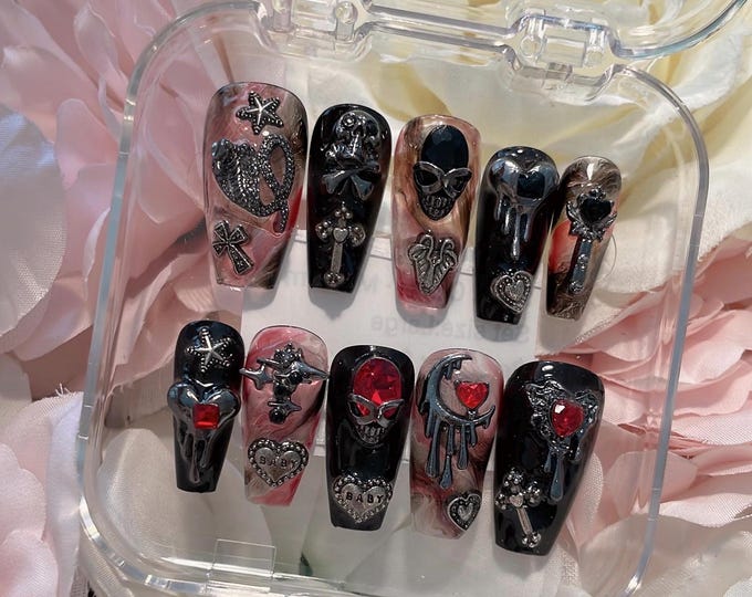 Grunge | Handmade Black and Marble Press on nails w/ Gothic Nail Charms | Fleur de lis | Cross Nails | Steampunk | Silver Charms |Nail Bling