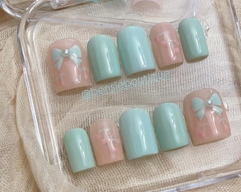 Pastel Cherries Press On Nails: Mint & Sheer, Bow Tie Detail