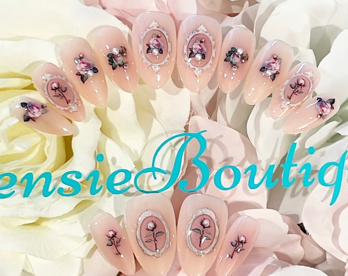 Ready to Ship - Size Small/Medium OR Size Large/XL - Light Pink Blush press on nails with flowers and frames