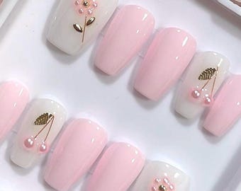 Cherry Bloom Press On Nails: Handmade Pink Pearl 3D Spring Nails