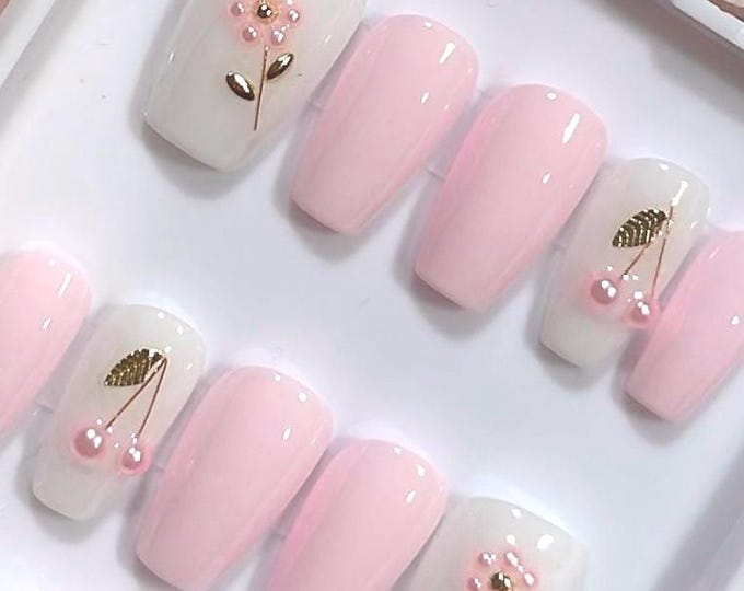 Cherry Bloom | Handmade Pink and Pearls press on nails | 3D nails | cute nails | spring nails | nail charms | extra short to 3XL nails