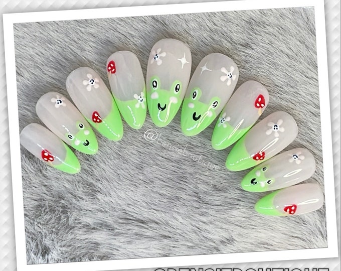 Ribbit | Light Green Kawaii Frog and French Tips | French Nails | Floral Nails | Mushroom Nails | Customizable Base Colour | Press on Nails