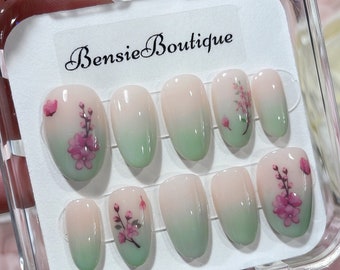 Ready to Ship - Short Round SIZE MEDIUM Milky Green Ombré Cherry Blossom Festive press on nails