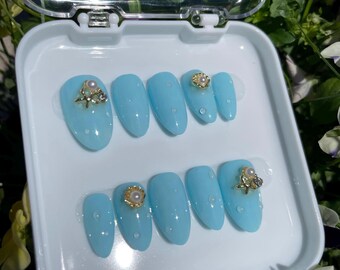 Blue Summer | Handmade Blue Nails with Beach Charms | Bright nails | Cute nails | Water Drop Nails | 3D nails | Summer nails