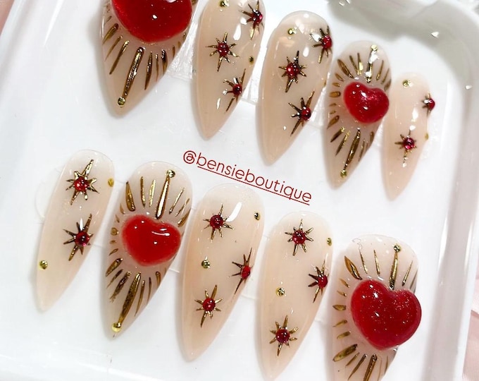 Sacred Hearts | Red and Gold Nails w/3D Hearts | Celestial Nail | Religious Nails | Starry Nails | extra short to 3XL nails