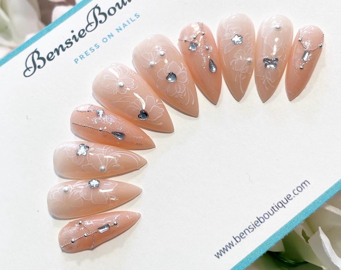 Blooming Bliss | Handmade White Floral Nails | Necklace Nails | Nail charms and Sparkly stones | bridal nails | dainty press on nails