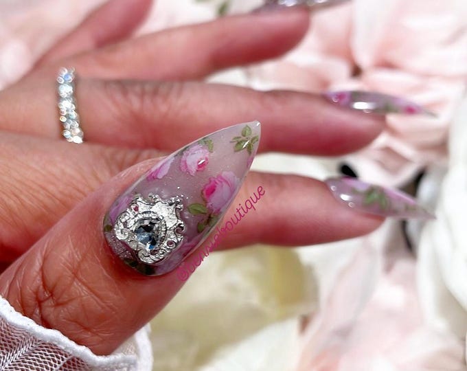 Silky Lavender Cat Eye and Floral Press on Nails with 3D charms | Decoupage Flower Nails | 3D nails | extra short to 3XL press on nails