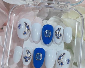 Porcelain Press on Nails | Blue and White Nails | Classic Nails | Round - Short Nails | Ready to Ship (RTS)