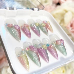 Pastel Sea | Handmade Pastel Pearl Swirl 3D Shell Press on Nails | Summer Nails | Mermaid Nails | Ombre Nails | Customizable base colour