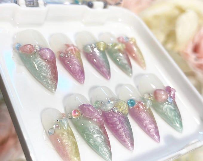 Pastel Sea | Handmade Pastel Pearl Swirl 3D Shell Press on Nails | Summer Nails | Mermaid Nails | Ombre Nails | Customizable base colour