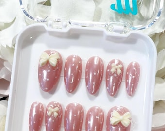 Polka Dot Rush | Hand painted Pink Chrome Polka Dot Nails | 3D Bows | Trendy Nails | Simple Nails