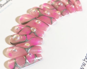 Cyber Punk | Hand painted Pink Jelly Croc and Metallic Silver Press on nails | 3D pearls | press on nails Canada usa
