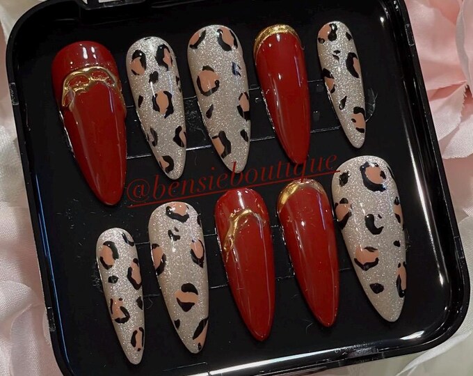 Silky Leopard Cat Eye and Burgundy Press on Nails | Handpainted Nails | extra short to 3XL press on nails
