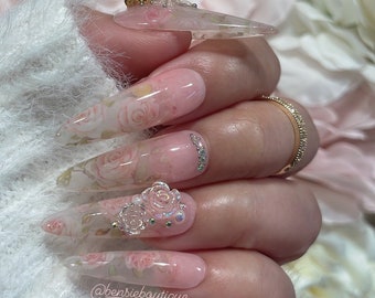 Floral Glass Ombré | Jelly Pink to Milky Ombré | Floral Details and Bling | Ombré Nails | Crystal Nails | extra short to 3XL press on nails