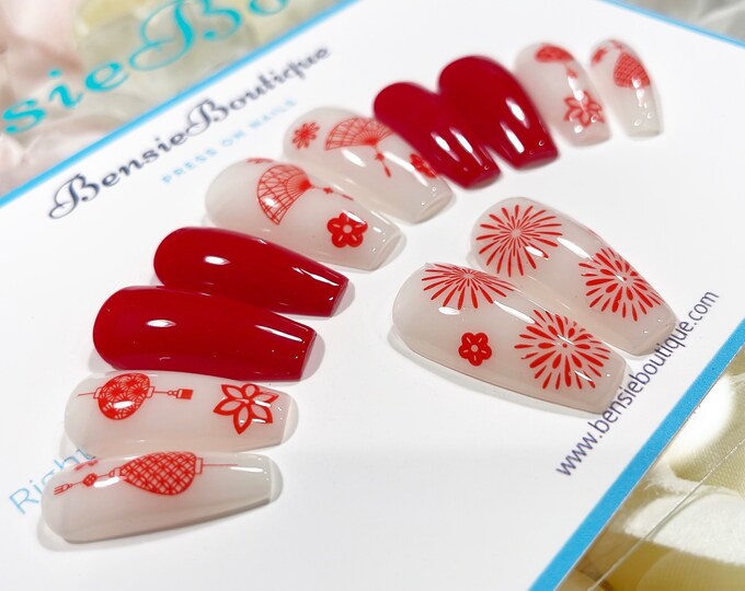 Ready to Ship - Medium Length Coffin Milky White and Red Festive Lunar New Year press on nails *please refer to picture for set size layout*