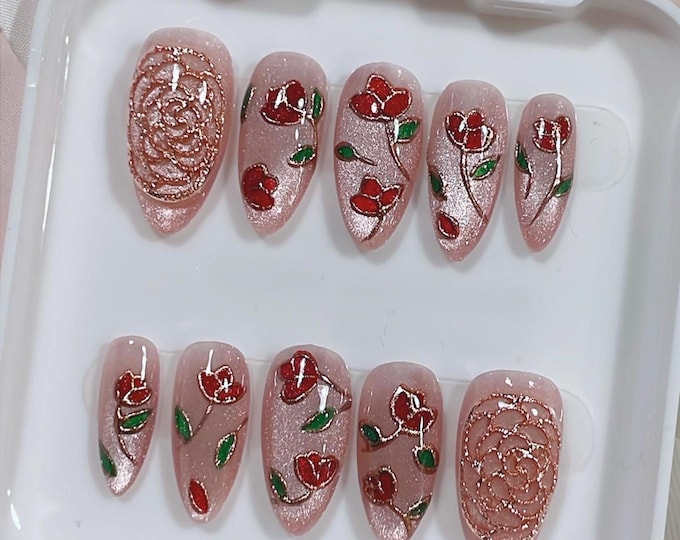 Hand painted Roses | Chrome and Cat Eye Press on Nails | Wedding Nails | Classic Nails | Ready to Ship (RTS)