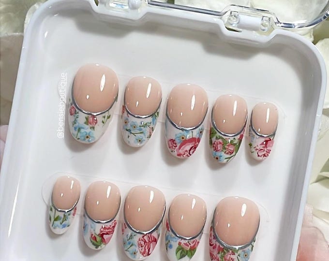 Floral French Tip press on nails | Romantic Nails | Spring Nails | Flower Nails | extra short to 3XL nails