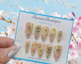 Sakura Princess press on nails | pink and yellow | Sakura petals | pearls | mini bow ties | crescent moon | extra short to 3XL nails