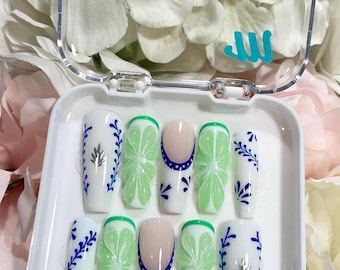 Slice of Lime | Lime and Azul French Tip Press on Nails | Vacation nails | 3D Fruit Nails | Ceramics Nails Mismatch nails | press on nails