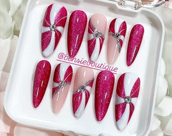 Pink Peppermint Swirl Christmas Press on Nails | Cateye nails | Holiday Nails | Bling nails extra short to 3XL press on nails Canada USA