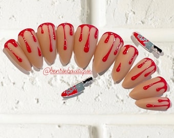Halloween bl00d drip press on nails | spooky nails | matte nude base with glossy drip | extra short to 3XL nails