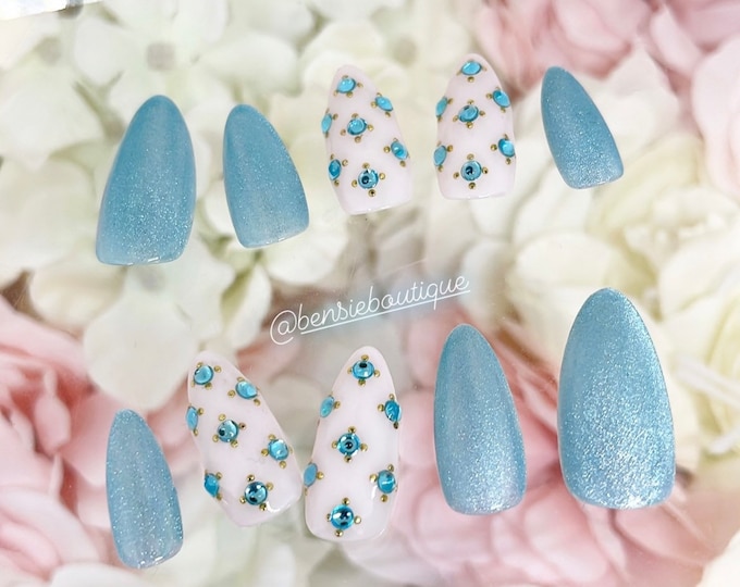 Dazzle | Handmade press on nails | Cat eye Velvet nails w/ Accent Bling | Bling Nail Art | Celestial | Art Deco | extra short to 3XL nails