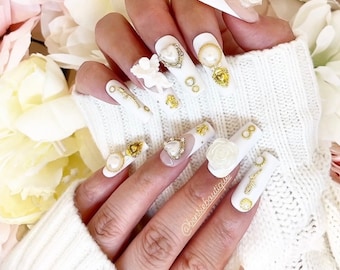 Angelic white and French press on nails | 3D nails | white and gold | pearl and gold accents | Renaissance nails