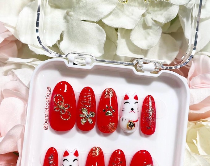 Handmade Lucky Cat Press On Nails: Red and Gold Lunar New Year Nails