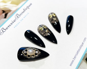 Hand painted Jelly Black and French Tip with Gold Bling Press on Nails | Bowtie Nails | Coquette Nails | Ballet | Extra Short to 3XL nails