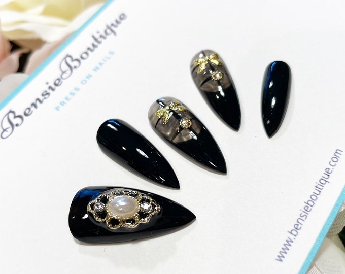 Hand painted Jelly Black and French Tip with Gold Bling Press on Nails | Bowtie Nails | Coquette Nails | Ballet | Extra Short to 3XL nails