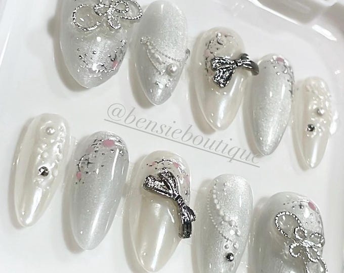 Silky Silver Cat Eye and Pearlescent Press on Nails with 3D charms | 3D nails | Romantic Nails | Bridal Nails | extra short to 3XL nails