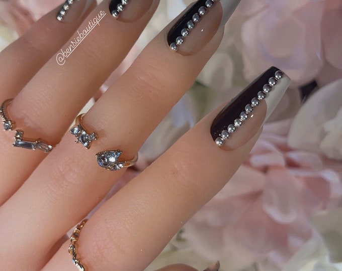 Split | Hand painted Half French with silver studs Press on nails | Monochrome nails | black and white nails | extra short to 3XL nails