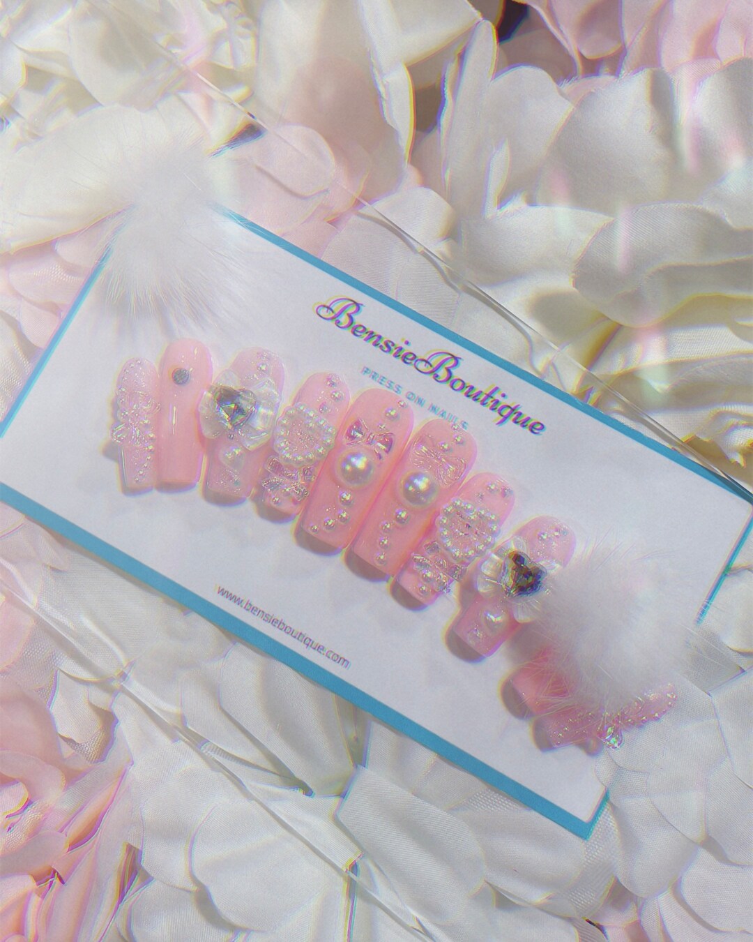 Pink Kawaii 3D Press on Nails Coquette Nails Pom Poms Pearls and Nail  Charms Nail Art Dainty Press on Nails 