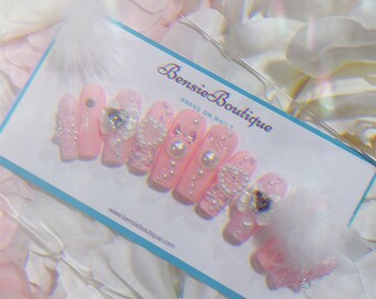 Pink Kawaii 3D Press on Nails | Coquette Nails | Pom Poms Pearls and Nail charms | Nail Art | dainty press on nails