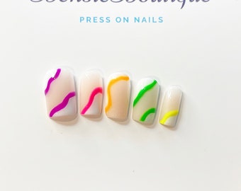 Abstract Neon Squiggles | nude base with white and abstract colours | press on nails