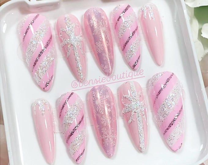 Pink Christmas Press on Nails | Candy Cane nails | Holiday Nails | Glitter Nails | Snowflake extra short to 3XL press on nails Canada USA