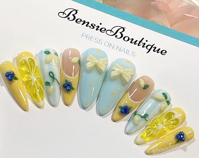 Lemon Berry Bliss Press On Nails: Handmade Blue and Yellow | 3D sculpted blueberries lemons