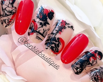 Femme | Handmade nails | Women and Japanese landscape inspired press on nails | Vintage Nails | Red, Black and Nude Nails | Lunar Nails